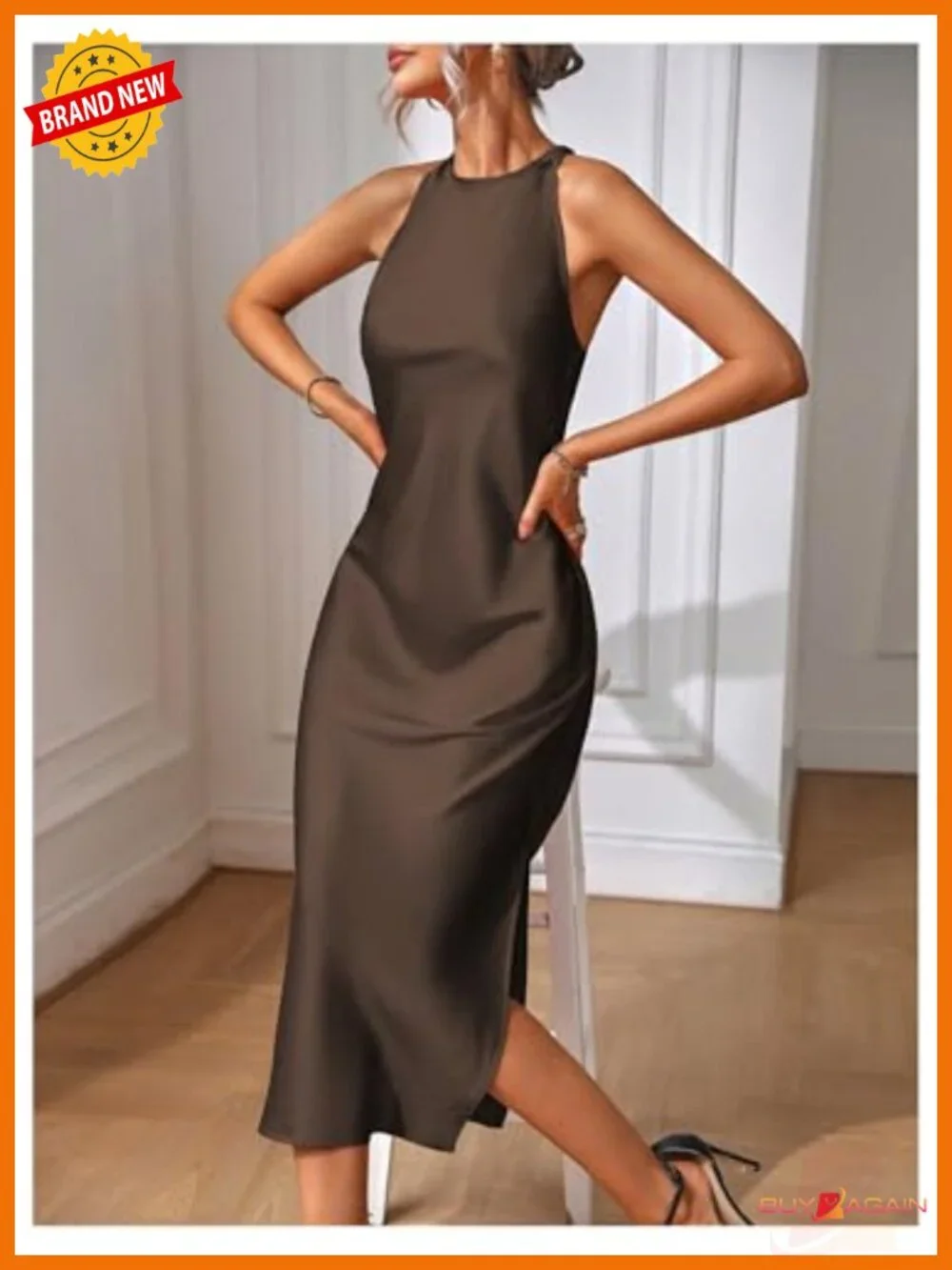 Women's Elegant Maxi Slit Cocktail Dress Sleeveless Crew Neck Button Back